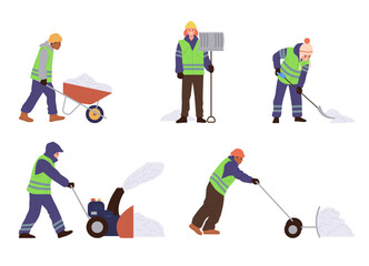 Isolated set of male janitor cartoon characters wearing uniform cleaning street from snow with tools