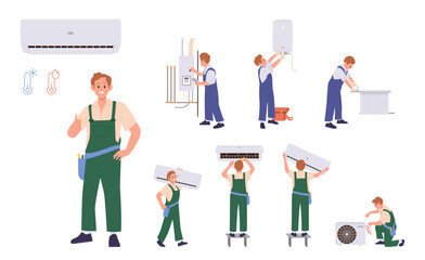 Workman cartoon character providing home heating, air conditioning maintenance professional service