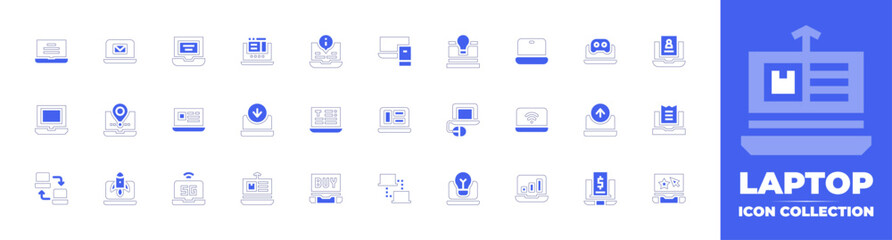 Laptop icon collection. Duotone color. Vector and transparent illustration. Containing laptop, sharing, client server, laptop computer, gaming, input, output, tracking, price list, email, idea. - obrazy, fototapety, plakaty