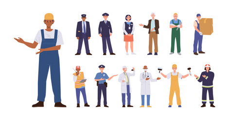 Different workers cartoon characters set with builder, pilot, policeman, doctor, deliveryman - obrazy, fototapety, plakaty