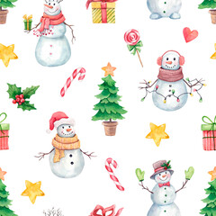 Seamless holiday pattern with Christmas tree decorated with a star, cheerful snowmen in hats and scarves. Hand drawn with watercolor on a white background. For printing on wrapping paper, wrapping.