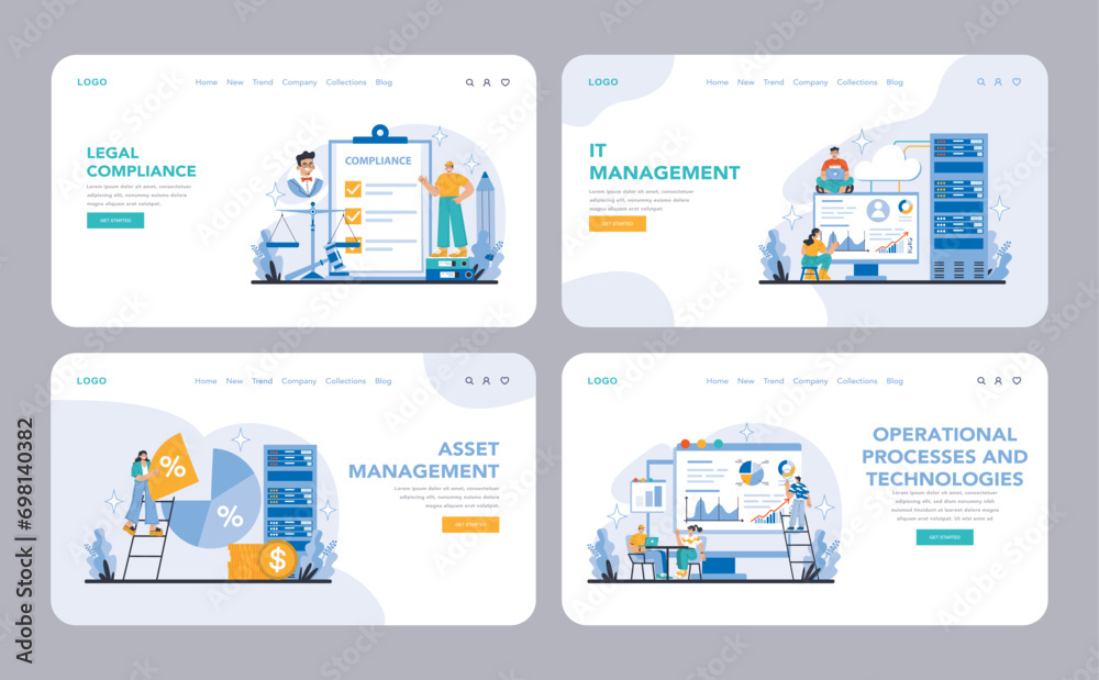 Poster operational processes and technologies set. streamlining business procedures and system efficiency. 