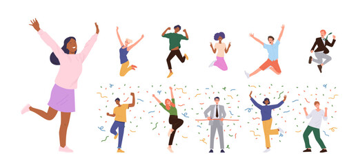 Happy people cartoon characters celebrating success cheerfully jumping rejoicing win and victory
