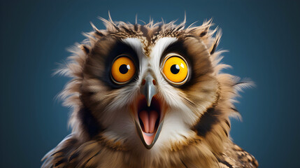 Naklejka premium A surprised owl with large yellow eyes, fluffy feathers, and an open beak, set against a smooth blue background