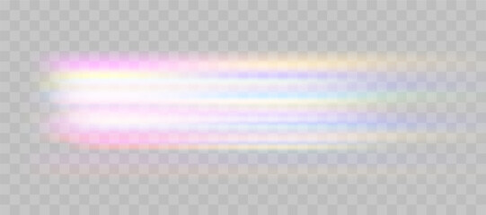 Blurred rainbow refraction overlay effect. Light lens prism effect on transparent background. Holographic reflection, crystal flare leak shadow overlay. Vector abstract illustration