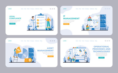 Operational processes and technologies set. Streamlining business procedures and system efficiency. Strategic integration of IT and asset management. Flat vector illustration.