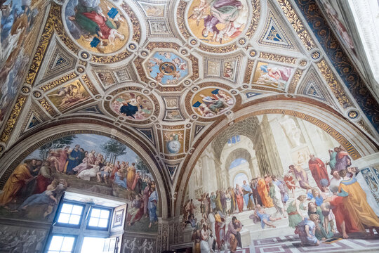 Vatican City, 17 May 2017: Interior of Raphael Room with famous fresco, the School of Athens, in Vatican Museum in Italy