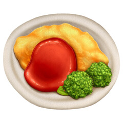 Omelet with rice and tomato sauce