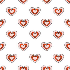 Seamless pattern with red and pink heart. Valentine day background. Y2k. Groovy style. Vector flat illustration.