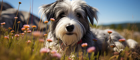 Playful grey and white dog in a meadow of colorful flowers.