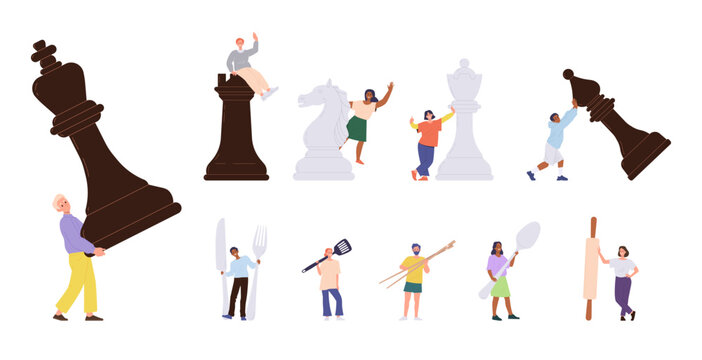 Happy diverse people cartoon characters playing giant chess, holding huge drawing, cooking supplies