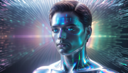 futuristic portrait of a cyborg man against the background of blurred movement of bright lines