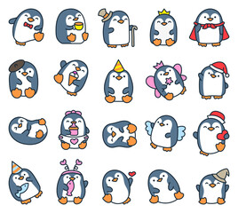 Cute kawaii penguin. Beautiful animals cartoon character. Hand drawn style. Vector drawing. Collection of design elements. © palau83
