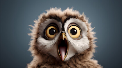 Obraz premium A surprised owl kid with large yellow eyes, fluffy feathers, and an open beak, set against a smooth blue background