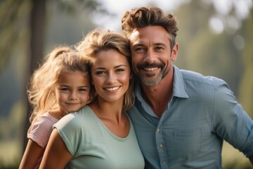 Fototapeta premium portrait of a happy family straight couple with daughter young children piggyback ride smiling happy generative ai