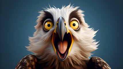 surprised eagle bird with large yellow eyes, fluffy feathers, and an open beak in green background