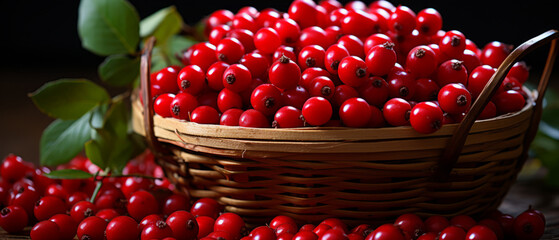 Vibrant red barberries in a basket on a rustic wooden table.