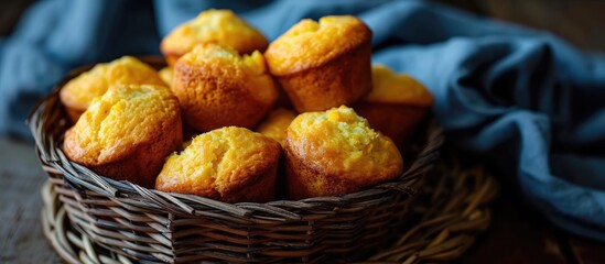 Basket of mini corn muffins made with cornmeal cornbread. - obrazy, fototapety, plakaty