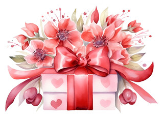 Valentine's day gift box with hearts, flowers and ribbon, watercolor illustration