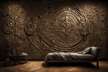  an ancient realm with a stone-textured 3D wall background adorned with mysterious runes and symbols