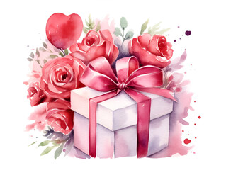Valentine's day gift box with hearts, flowers and ribbon, on white background, watercolor illustration
