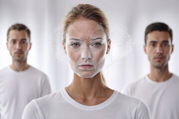woman face in cutting-edge facial recognition technology on white backdrop, digitized identity