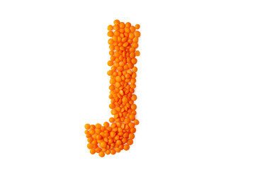 The capital letter 'J' formed from red lentil grains against a clean white backdrop. Perfect for a food blog and menu