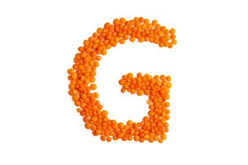 The capital letter 'G' formed from red lentil grains against a clean white backdrop. Perfect for a food blog and menu