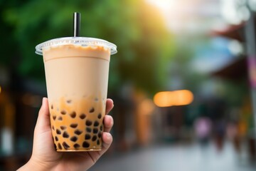Obraz premium Hand holding asian sweet drink taipioca bubble tea on chinese city background.