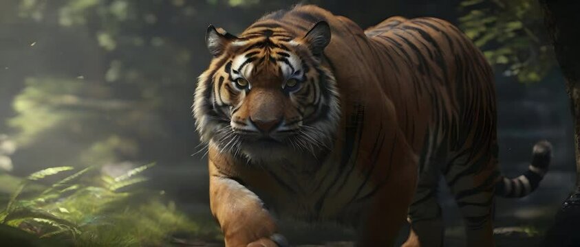 Tiger In Jungle Zoo Move, Camera Moving Perspective Animation Style 2K 4K HD