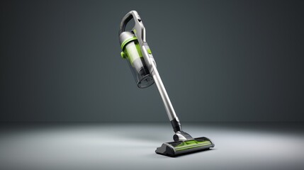 A dynamic perspective of a sleek, cordless vacuum cleaner, in a vertical position, highlighting its ergonomic design and functionality.