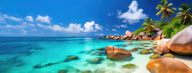 Fototapeta na wymiar Seychelles Paradise, Praslin Island with Lush Greenery and Granite Boulders. Turquoise Waters and Smooth Granite Rocks Underneath Palm Trees on Praslin Beach