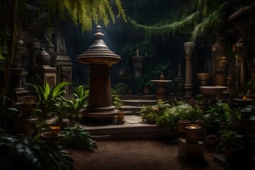 Obraz premium A mysterious garden's wooden pedestal with an empty old relic.