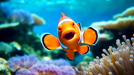 Happy Bright orange clownfish swims near white sea anemone in clear blue ocean water, looking vibrant and lively