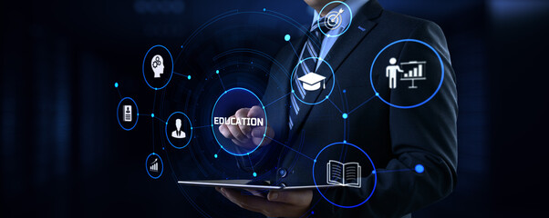 E-learning distance education concept. Businessman pressing button on screen.