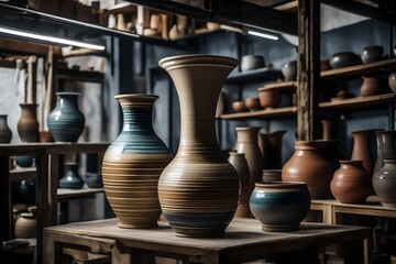 Fototapeta na wymiar A ceramic pedestal in a pottery studio, displaying an empty sculpted vase