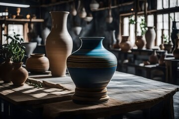 Fototapeta na wymiar A ceramic pedestal in a pottery studio displays an empty carved vase.