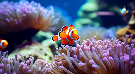 Orange clownfish swims near pink anemone. Bright colors, underwater scene. Fish looks curious, blue ocean background - obrazy, fototapety, plakaty