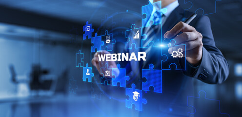 Webinar online learning education concept. Businessman pressing button on screen.
