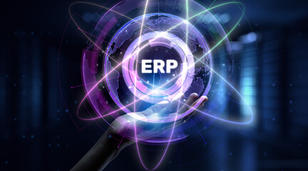 ERP Enterprise Resources planning software system business process automation concept. Hand pressing button on screen.