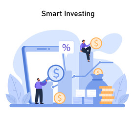 Naklejka premium Smart Investing concept. Showcases strategic asset management with technological tools for enhanced financial decision-making. Flat vector illustration