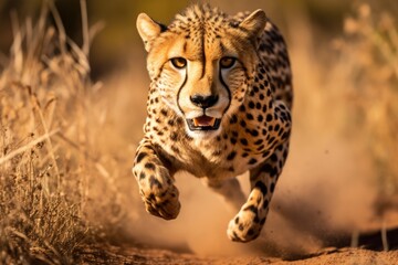 Cheetah running towards the camera in the savannah of Africa, A cheetah in mid-sprint chasing its prey in the African savannah, AI Generated