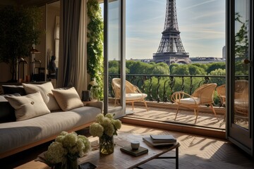 Eiffel tower view from the window in Paris, France, A chic Parisian apartment with a balcony overlooking the Eiffel Tower, AI Generated - obrazy, fototapety, plakaty