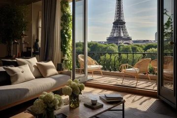 Fotobehang Eiffel tower view from the window in Paris, France, A chic Parisian apartment with a balcony overlooking the Eiffel Tower, AI Generated © Iftikhar alam