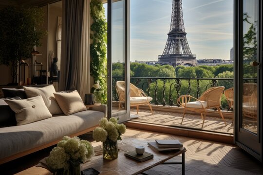 Fototapeta Eiffel tower view from the window in Paris, France, A chic Parisian apartment with a balcony overlooking the Eiffel Tower, AI Generated