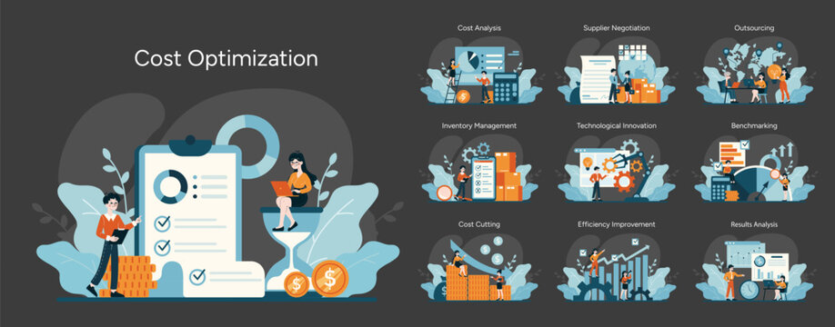 Cost Optimization set. Strategic financial management and resource allocation. Streamlining operations, enhancing productivity. Flat vector illustration