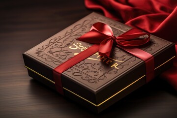 Gift box with a red bow on a dark wooden background, A chocolate brown Valentine's Day gift box with a gold inscription, AI Generated - Powered by Adobe