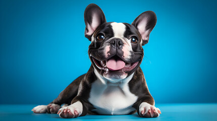 Black and white dog. Big ears. Happy smile. Tongue out. Shiny eyes. Lying down. Blue background. Close view - obrazy, fototapety, plakaty