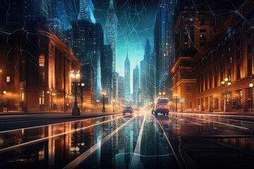 Car on the road in city at night with glowing lights and cityscape, A city street illuminated by smart LED lights, AI Generated