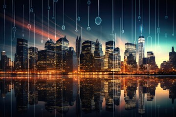Futuristic city background with high tech graphs and charts. 3d rendering, A city skyline at dusk...
